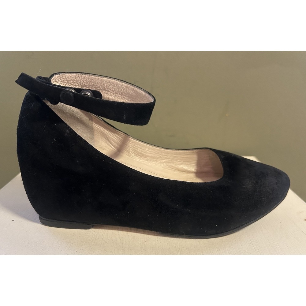 Chloe Velvet Suede Black Ankle Strap Shoes Wedge Womens Sz 39.5 Boho Romantic